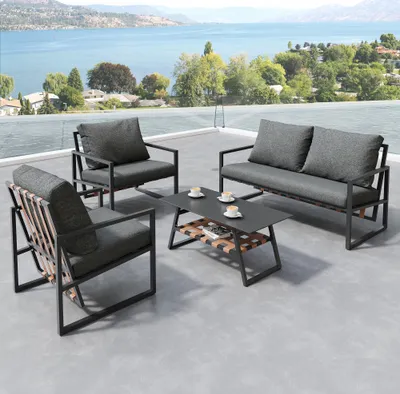 Produktbild von Gartenmöbel Sitzgarnitur Garten-Garnitur Set Gartenlounge 4 Personen mit Sofa Couchtisch Kissen abnehmbarer und waschbarer Stoffbezug Schwarz