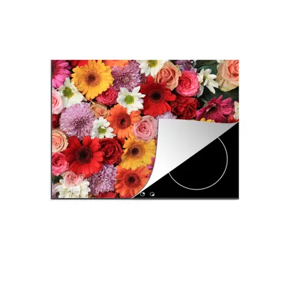 Produktbild von KitchenYeah© Herdabdeckplatte Blumen - Farben - Gerbera - Rosen , 77x59cm, Küche Deko, Glaskeramikkochfeld Herdabdeckung, Abdeckplatte fùr Kochfeld