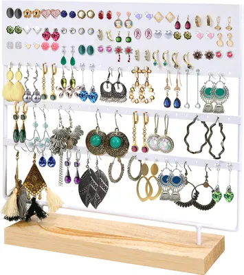 Produktbild von Belle Vous Weißer Metall Ohrring Aufbewahrung Schmuckständer auf Einem Holzsockel - 144 Löcher, 3 Ebenen - Ohrring Halterung & Aufbewahrung für