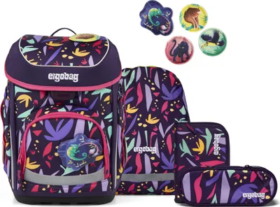 A set of school bags and accessories with a colorful jungle-themed pattern.
