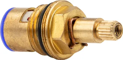 A close-up, studio shot of a brass valve cartridge.