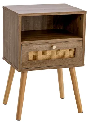 Produktbild von Nachttisch aus Rattan, Beistelltisch aus Holz mit Schublade und Kiefernholzbeinen, Sofatisch im Boho-Stil, Nachtschrank für Wohnzimmer und Schlafzimmer, 40 x 30 x 60,5 cm