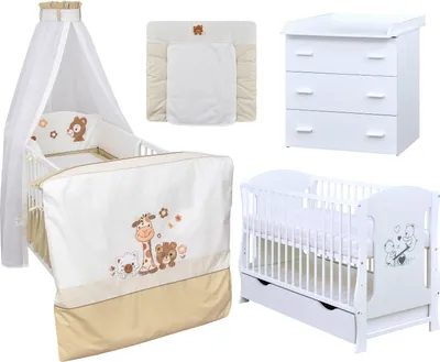 Produktbild von Baby-Delux Babyzimmer Babybett Wickelkommode Weiss Bettwäsche Komplett Safari
