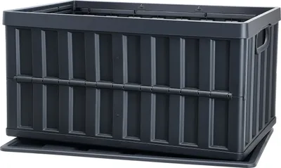 A dark gray collapsible storage box with a lid and handles, shown on a gray tray.