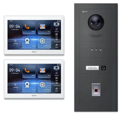 Produktbild von Goliath IP-Video-Türsprechanlage GL-IPH130M für 1 Familie – Fingerprint, Anzeigemodul : 2 Monitore : 10 Zoll Weiß : Anthrazit : Aufputz Dose Monitor Anzahl: 2 Monitore Monitor Farbe: 10 Zoll Weiß Montage: Aufputz Dose Türklingel Farbe: Anthrazit