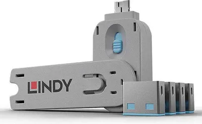 Produktbild von Lindy 40452, Schnittstellenblockierung + Schlüssel, USB Typ-A, Blau, Acrylnitril-Butadien-Styrol (ABS), 5 Stück(e), Polybag