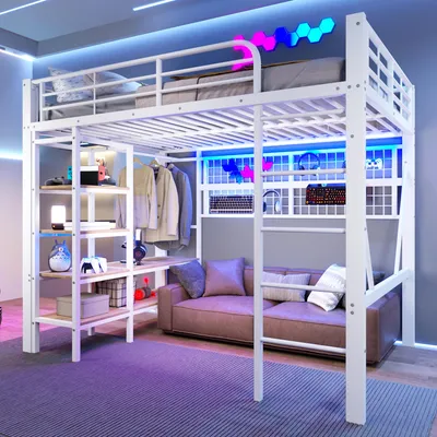 Image de Lit superposé Flieks 140 x 200 cm avec tringle à vêtements et étagère, lit mezzanine avec LED, lit enfant avec barrière et échelle, lit superposé en métal blanc