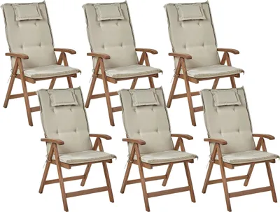 Produktbild von BELIANI Gartenstuhl 6er Set Dunkelbraun und Taupe Akazienholz Vertsellbar Klappbar mit Auflagen Armlehnen Lamellen-Optik Rustikal Außenbereich Terrasse