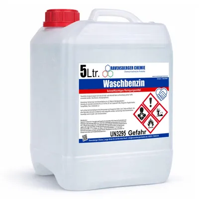 Produktbild von Ravensberger Chemie Waschbenzin Spezialreiniger – Kanister, hochwirksam für Fett, Öl, Teer, Kleber, Farbe, Tinte, Wachs, Kaugummi 5 Liter