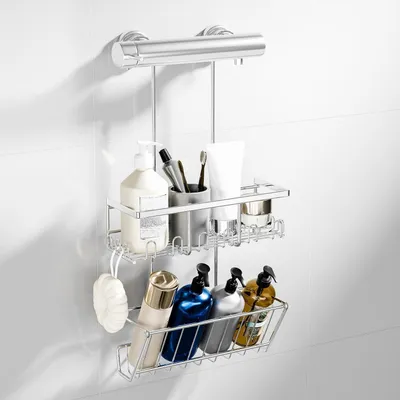 Image de Étagère de douche à suspendre, sans perçage, argentée, lot de 2