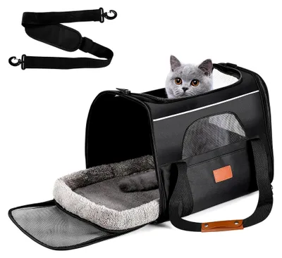 Produktbild von Katzentransportbox mit verstellbarem Schultergurt, Haustiertransporter für mittelgroße Katzen und Welpen bis zu 9 kg, atmungsaktiv und faltbar