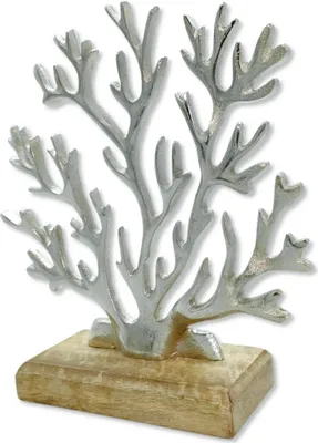 Produktbild von Metall Skulptur mit Holz-Fuß silber-braun Koralle 23 x 25cm Dekofigur Tisch-Deko Maritim Mediterran Meeresdeko