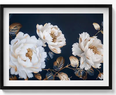 Produktbild von Schöne weiße Blumen im Glamour-Stil– Wandbild mit Rahmen – Gerahmtes Bild  – Wanddekoration – 80x60 cm –  Schwarz Rahmen