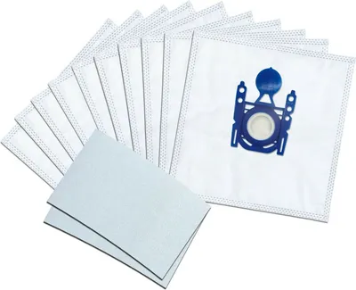 A collection of vacuum cleaner bags and filters arranged on a white background.