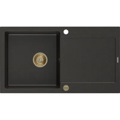 Obrázok produktu pre Mexen Leo granitový jednokomorový drez s odkvapkávačom 900 x 500 mm, Čierna/Zlatá metalíza, Sifón Zlatá - 6501901010-75-G