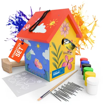 Produktbild von Eli® Vogelhaus Bausatz für Kinder aus Kiefernholz inkl. Nägel - Holzhammer - 6 Farben - Pinsel und kreative Vorlagen - Schablonen zum bemalen