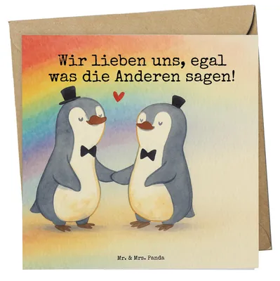 Produktbild von Mr. & Mrs. Panda Grußkarte Pinguine Gay Pride Design - Weiß - Geschenk, Klappkarte, faltkarte, doppelkarte, Hochzeitskarte, anlasskarte, Glückwunschkarte