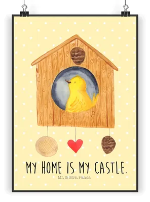 Produktbild von Mr. & Mrs. Panda Bild Vogel Haus DIN A3 - Gelb Pastell - Geschenk, Wandbild, Castle, Wohnung, drucke, Kunstdruck, Plakat, Familie, wanddeko, Lustige Sprüche, Vögel