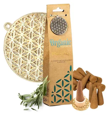 Produktbild von Organic Goodness Räucherkegel mit weißem Salbei + Brenner – Packung mit 6 Stück – 72 g