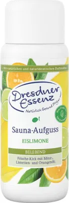 A bottle of Dresdner Essenz Sauna-Aufguss EISLIMONE with citrus fruits and leaves around it.