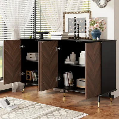 Produktbild von STILVORA Sideboard Fischgrätmuster,4 Türen und höhenverstellbaren Regalen,Buffetschrank aus MDF Holz mit Metallfüße,Stauraumschrank für Wohnzimmer, Flur & Esszimmer