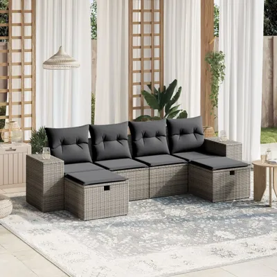 Produktbild von Design 6-tlg. Garten-Sofagarnitur mit Kissen Grau Poly Rattan, Gartenmöbel-Sets 2024 Neu