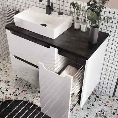 Produktbild von Waschtischunterschrank mit Keramik-Waschbecken und Wäschekorb SOFIA-107 Hochglanz weiß mit Beton-Dunkel, B/H/T ca. 90/72,5/46 cm