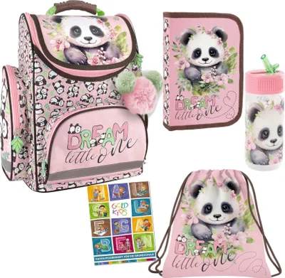 Obrázok produktu pre Goldkids - Školské tašky pre chlapcov a dievčatá, sada 6 kusov - Školský batoh pre deti s peračníkom Panda