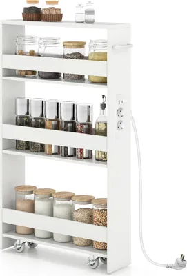 Image de COSTWAY Chariot d'encastrement, 4 étages Chariot de cuisine étroit avec station de chargement, Etagère d'encastrement sur roulettes, Chariot de service avec poignée & rampes, Etagère de salle de bain en bois, Blanc