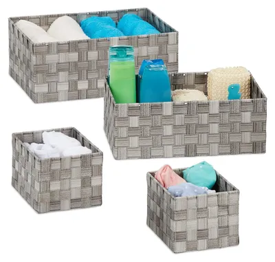 Immagine prodotto di TRANKIELO® - Set di 4 cesti portaoggetti intrecciati per il bagno – plastica e metallo – 3 dimensioni – grigio