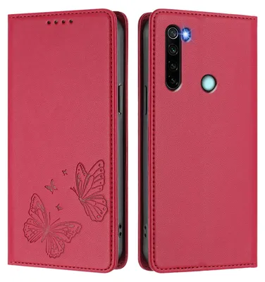 Produktbild von Lederhülle für Xiaomi Redmi Note 8, Schmetterling Prägung Leder Brieftasche Schutzhülle mit Ständer Rot