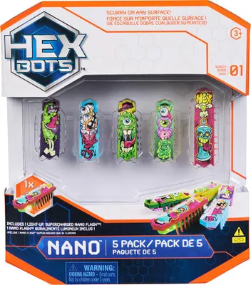 Produktbild von Hex Bots - Nano 5er Pack, 4 Nano Bots mit Bonus Flash Nano, Sensorisches Spielzeug für Kinder und Katzen mit Vibrationstechnologie, Insektenspielzeug und Mini-Roboter-Spielzeug für Kinder, ab 3 Jahren, Spielset, 4 Jahr(e), Batterien erforderlich