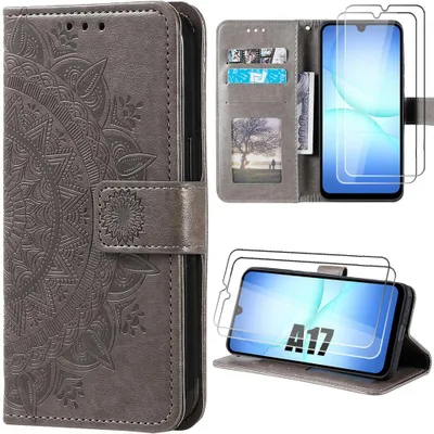 Image de Coque + 2 Verres Trempés pour Samsung Galaxy A17 4G/5G, Protection CuirPolyuréthaneMarron Motif Floral Géométrique