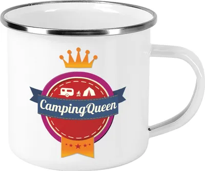 Produktbild von Emailletasse mit Motiv für Camper (Camping Queen)