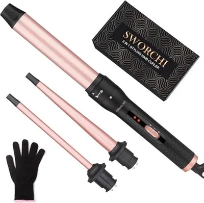 Produktbild von Sworchi Curling Iron Set 3-in-1 Verschiedene Aufsätze große kleine Locken, 9-32 mm Schnellheizung, 2 einstellbare Temperatur Lange kurze Haarhandschuh