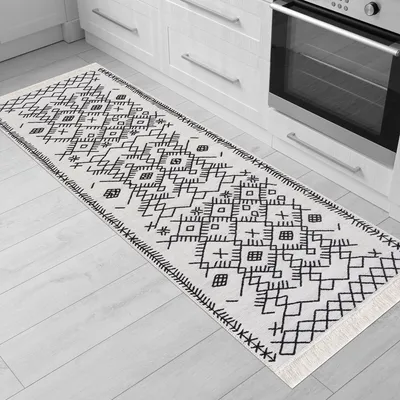 Produktbild von Teppich Läufer Kelim- Teppich für Wohnzimmer, Schlafzimmer, Küche, Badezimmer - Moderner Boho  Kilim Teppiche, Größe: 60x180 cm, Schwarz-Weiß