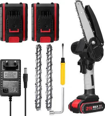 Produktbild von Kettensäge, 6 Zoll 21V Elektro-Kettensäge, Tragbare Handgeführte Akku Kettensäge, 2x Batterie 2x Kette 1x Führungsplatte und 1x Ladegerät enthalten