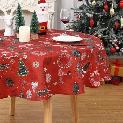 Image de Nappe de table de Noël - Imperméable - 152 cm - Rouge avec des renne de Noël