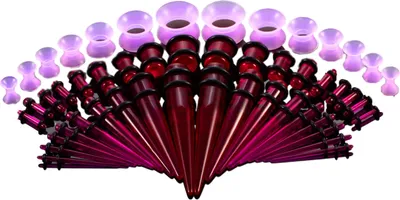 Produktbild von 50 Stück Ohr-Expander, doppelte O-Ringe, ausgestellte Tunnel, dreiteiliger Anzug, hypoallergen, Piercing-Schmuckset, glatte Oberfläche, Acryl-Kegel und Stecker, Silikon-Tunnel, perfektes Geschenk-Lila