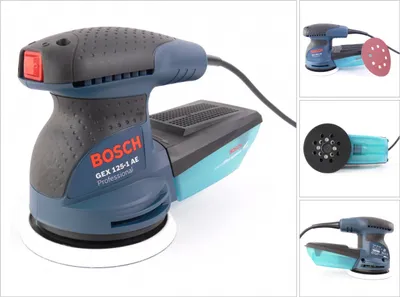 A Bosch GEX 125-1 AE orbital sander is shown against a white background. The image is a composite of the main product shot and three smaller inset images showing different angles and accessories.