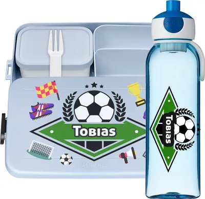 Produktbild von Lunchbox Set für Kinder Mädchen zur Schule Personalisiert mit Namen Brotdose Wasserflasche Trinkflasche BPA frei Essen für Unterwegs mit Gabel und Bento Fach To Go Football Club [153]