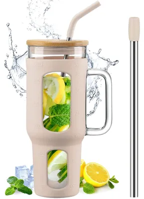 Zdjęcie produktu dla Szklanka z pokrywką i słomką, pojemność 1400 ml