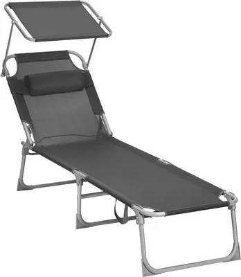 Image de Chaise longue de jardin réglable avec parasol - IJzer - Fibre synthétique - Gris foncé - 53 x 193 x 29,5 cm