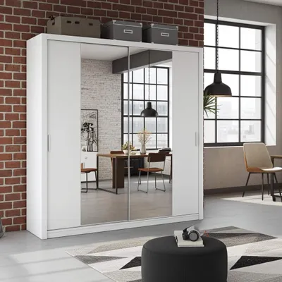 Productafbeelding van Schuifdeurenkast Zenit, 220 cm, schuifdeurenkast, kledingkast, garderobe (kleur: wit, met spiegel)