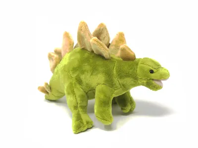 A green stuffed Stegosaurus dinosaur toy is shown against a white background.