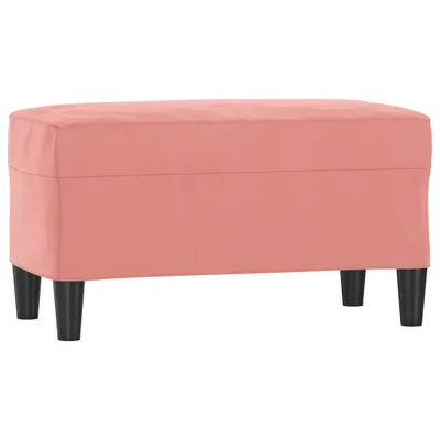 A pink ottoman with black legs on a white background.