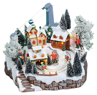 Productafbeelding van Winterscene kabelbaan met licht, muziek, bewegende kabelbaan, skiërs van poly 24x25x23cm