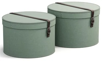 Produktbild von BIGSO RUT 2er-Set Aufbewahrungsbox mit Deckel – runde Ordnungsbox mit Lederriemen – große und kleine Hutschachtel aus Faserplatte und Papier in Leinenoptik – mintgrün