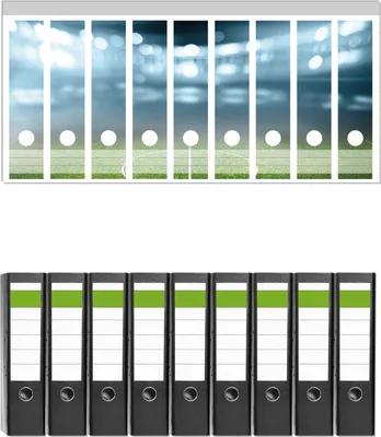 Produktbild von Wallario 9 Stück breite Ordner inkl. Klebeetiketten mit Motive Fußball Stadion Mittellinie II -  Set mit Rückenschildern / Ordnerrücken Stickern