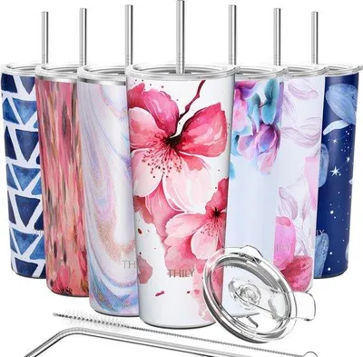 Produktbild von Famanu Reisebecher 780 ml - Kirschenblüte, mit 2 Deckeln und Strohhalmen